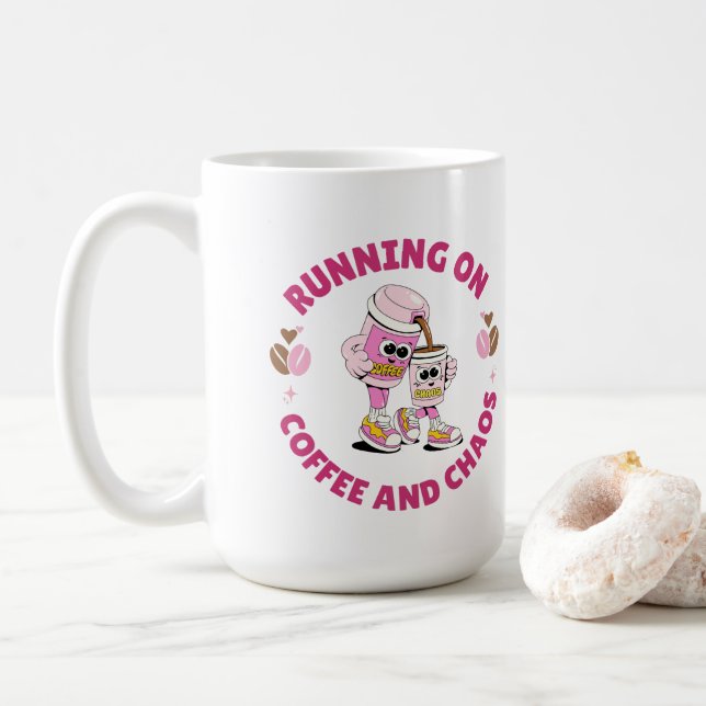 Auf Kaffee und Chaos laufend Sticker Kaffeetasse (Mit Donut)