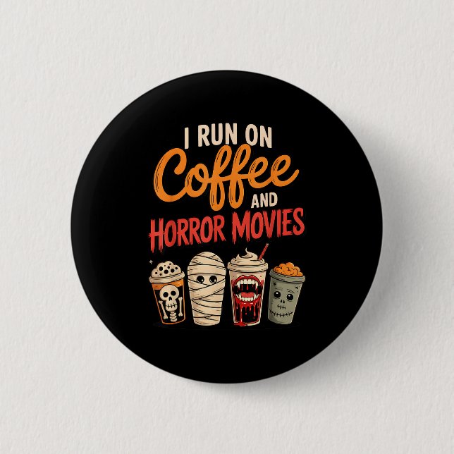 Auf Kaffee und Horrorfilmen laufendes Skelett Vamp Button (Vorderseite)