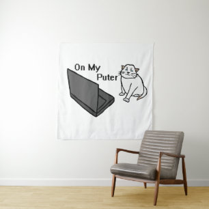 Auf meinem lustigen Computer Weiße Katzen-Meme Wandteppich