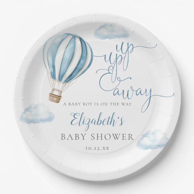 Auf und ab Blue Hot Air Ballon Boy Baby Dusche Pappteller (Vorderseite)