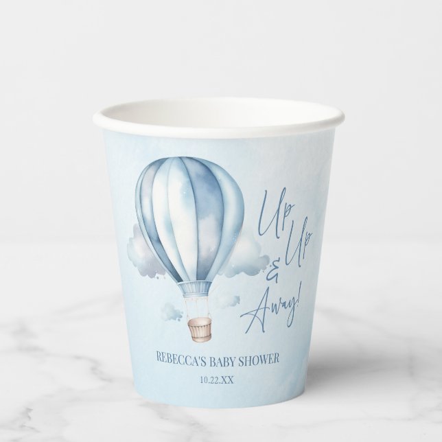 Auf und ab! Blue Hot Air Balloon Baby Dusche Pappbecher (Vorderseite)
