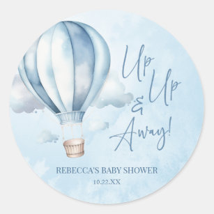 Auf und ab! Blue Hot Air Balloon Baby Dusche Runder Aufkleber