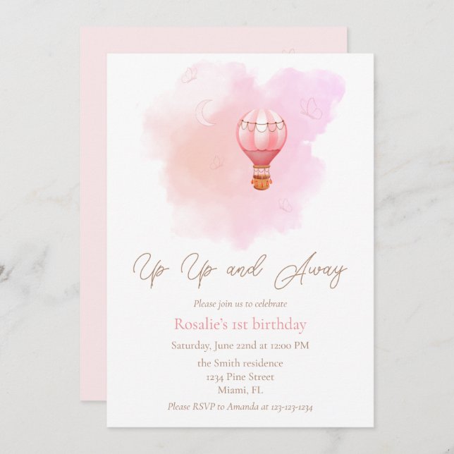 Auf und ab Heißluftballon Erstgeburtstag Girl Einladung (Vorne/Hinten)
