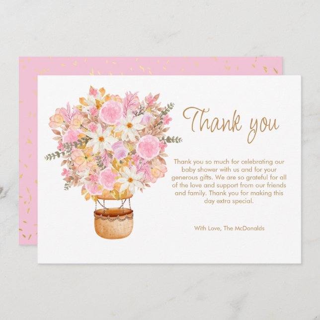 Auf und ab Pink Blütenballon Babydusche Dankeskarte (Vorne/Hinten)