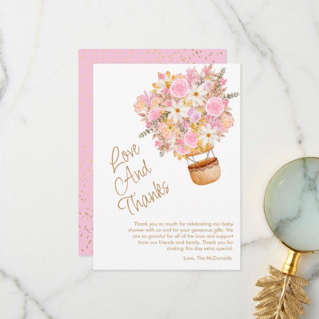 Auf und ab Pink Blütenballon Babydusche Dankeskarte (Vorderseite/Rückseite Beispiel)