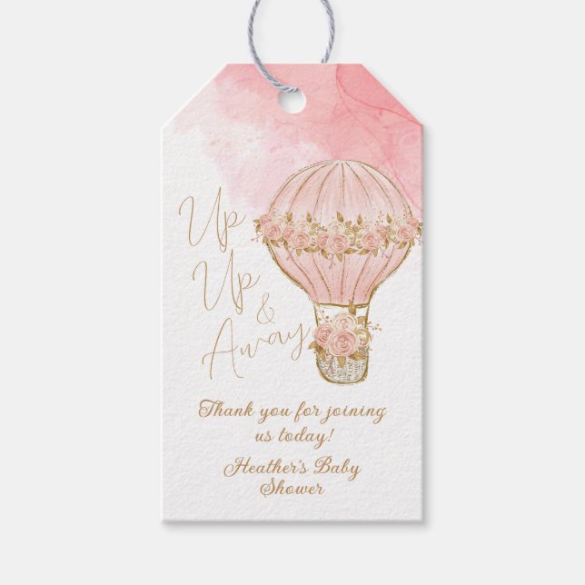Auf und ab Pink Heißluftballon Babydusche Geschenkanhänger (Vorderseite)