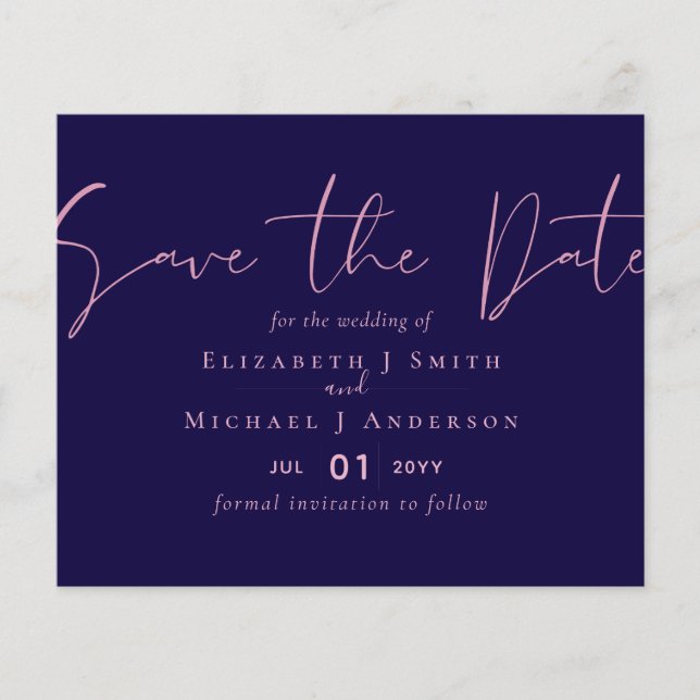 AUF VERKAUF! Navy Blue Rosegold Save the Date Hoch (Vorderseite)
