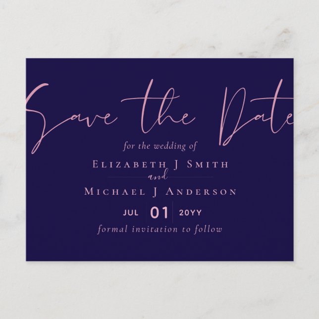 AUF VERKAUF! Navy Blue Rosegold Save the Date Hoch Postkarte (Vorderseite)