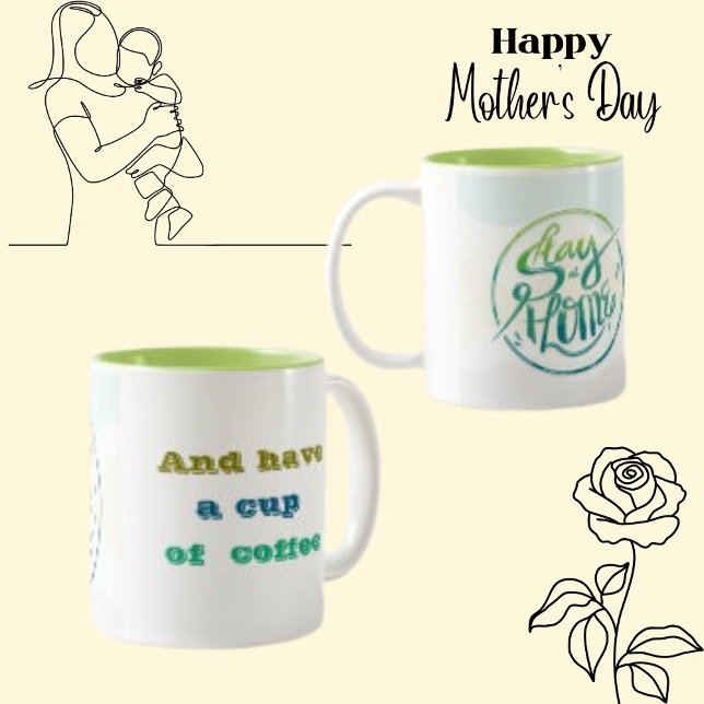 Auf Zuhause bleibe, typografische Textschrift Zweifarbige Tasse (Von Creator hochgeladen)