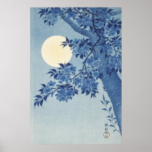 Aufblühende Kirsche in einer mondhellen Nacht Poster