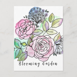 Aufblühende Rosen im Wasserfarb-Aquarell Flecken N Postkarte