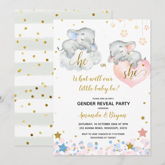 Aufdeckung der Elephant Baby Shower Einladung (Vorne/Hinten)