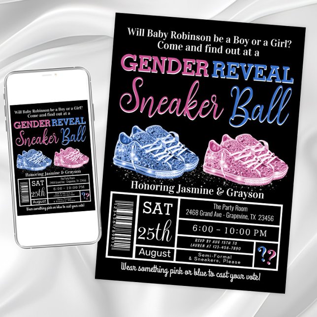 Aufdeckung des Sneaker-Ball-Geschlechts Einladung (Sneaker ball gender reveal invitations. Instant download and printed invitations available.)