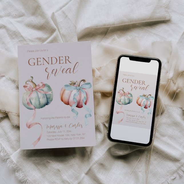 Aufdeckung von Pastelpumpen und Bows Einladung (Fall Pumpkin with Bows Gender Reveal )