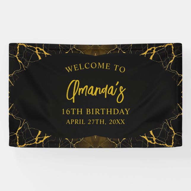 Auffallend Schwarz & Gold Marmor Sweet 16 Geburtst Banner (Horizontal)