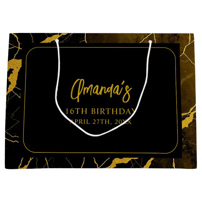 Auffallend Schwarz & Gold Marmor Sweet 16 Geburtst Große Geschenktüte (Vorderseite)