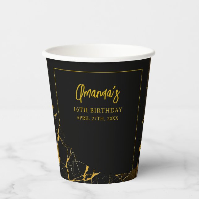Auffallend Schwarz & Gold Marmor Sweet 16 Geburtst Pappbecher (Vorderseite)