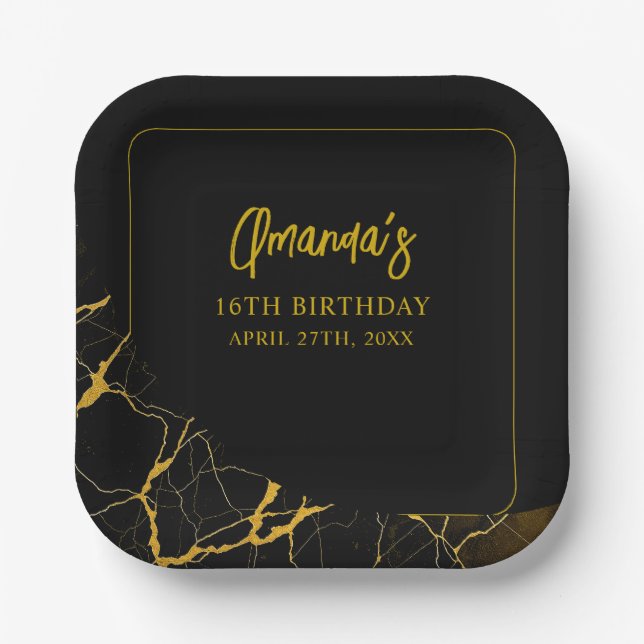 Auffallend Schwarz & Gold Marmor Sweet 16 Geburtst Pappteller (Vorderseite)