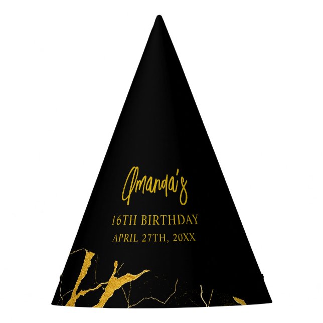 Auffallend Schwarz & Gold Marmor Sweet 16 Geburtst Partyhütchen (Vorderseite)