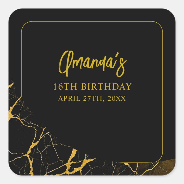 Auffallend Schwarz & Gold Marmor Sweet 16 Geburtst Quadratischer Aufkleber (Vorderseite)