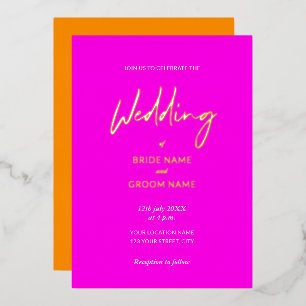 Auffallende Pink Orange Schrift Hochzeit Modern Folieneinladung