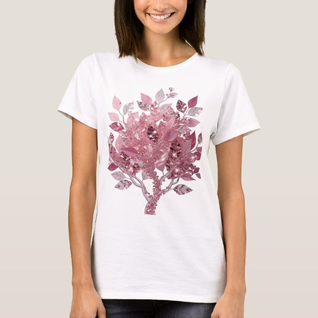 Auffallender Silberner PINK BLATT BAUM Text Design T-Shirt (Vorderseite)
