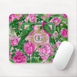 Auffallendes botanisches rosa und grünes monogramm mousepad
