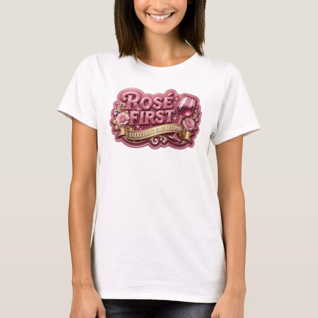 Auffallendes Rosa ROS FIRST Slogan T-Shirt (Vorderseite)