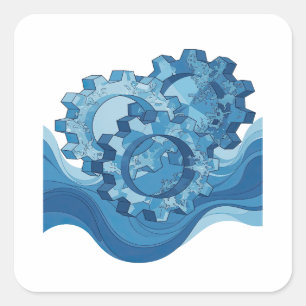 Auffälliges blaues Wasserbetriebenes Zahnrad Label Quadratischer Aufkleber