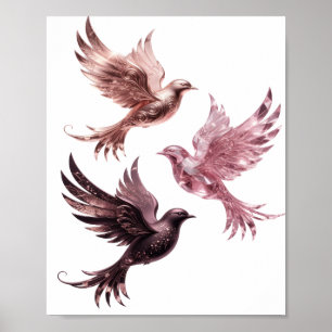 Auffälliges Silber-Drei-Rosa-Vögel-Design Poster