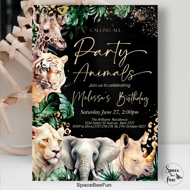 Aufforderung an alle Party zum Geburtstag Einladung (Calling All,Party Animal,Birthday Invitation,Leopard Print, Jungle,white gold,Theme Safari,gold Safa)