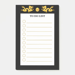 Aufgabenliste in Schwarz-Weiß mit goldenen Drachen Post-it Klebezettel