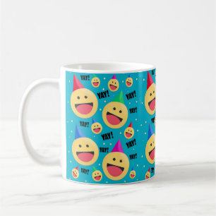Aufgeregt YAY Emojis in Party Hats Holiday Pos Kaffeetasse