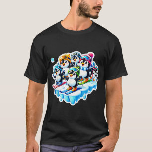 Aufgeregte Pinguine, die gemeinsam Ski fahren im S T-Shirt