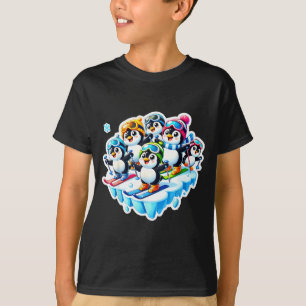 Aufgeregte Pinguine, die gemeinsam Ski fahren im S T-Shirt