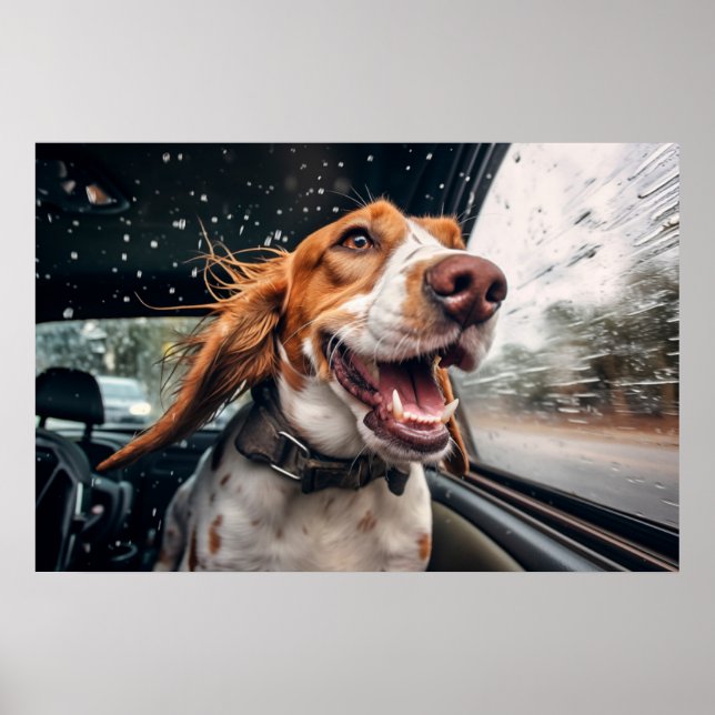Aufgeregter Hund auf Rainy Car Ride Art Print Poster (Vorne)