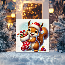 Aufgeregtes Eichhörnchen mit festlichem Strumpf Feiertagskarte