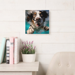 Aufgeregtes Hundeschwimmen unter Wasser Quadratische Wanduhr