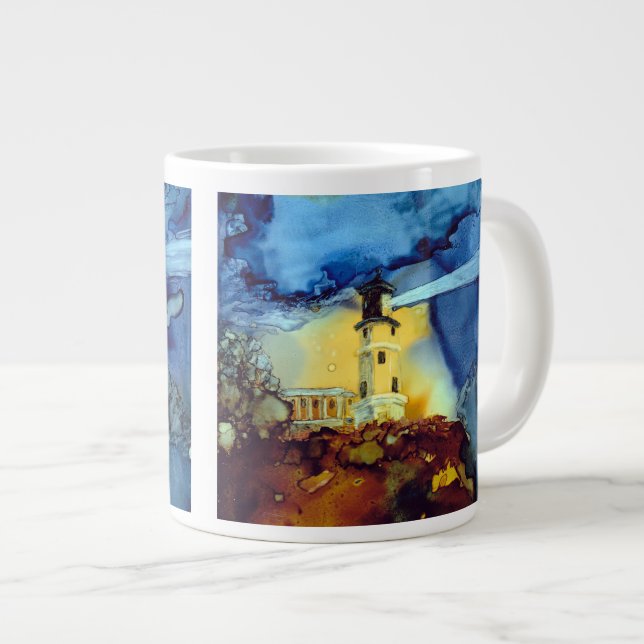 Aufgeteilter Felsen-Leuchtturm nachts Jumbo-Tasse (Vorderseite Rechts)