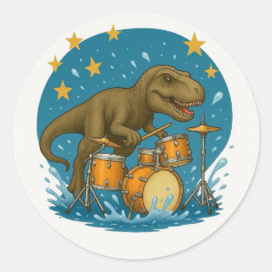 Aufkleber: Dinosaurier, Trommeln mit Sternen spiel Runder Aufkleber