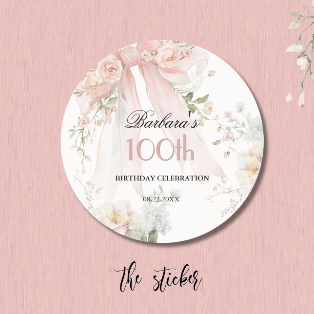 Aufkleber Eleganter rosa Bogen Blumen 100. Geburts (Von Creator hochgeladen)
