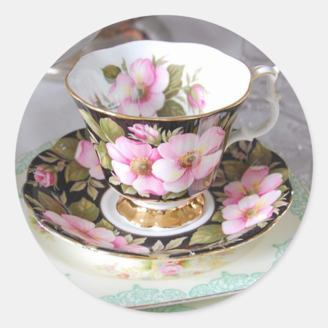 Aufkleber für Blumenrosa und Gold-Teacup (Vorderseite)