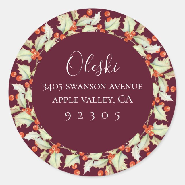 Aufkleber für die Rücksendeadresse des Holly Wreat (Vorderseite)