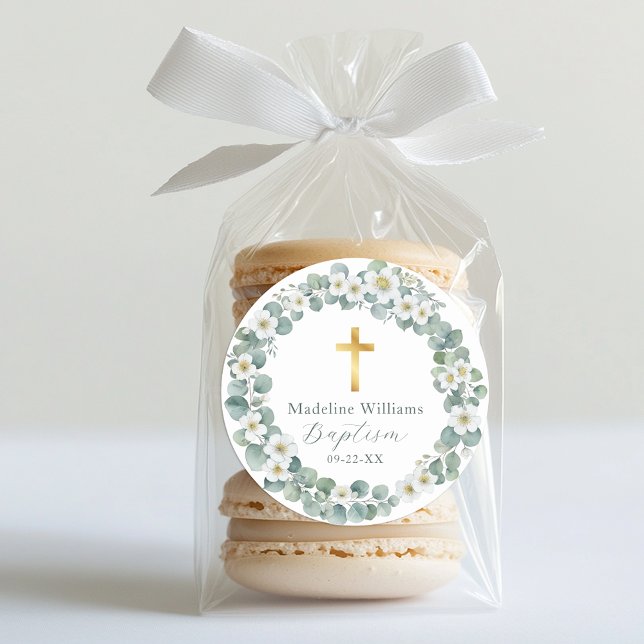 Aufkleber für Grünpflanzen und Goldkreuz | elegant (Baptism Sticker Favor)