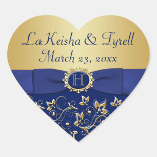 Aufkleber für Monogram Blue, Gold Floral Gastgesch