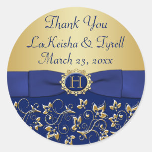 Aufkleber für Monogram Blue, Gold Floral Gastgesch