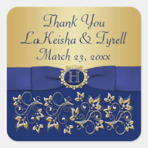 Aufkleber für Monogram Blue, Gold Floral Gastgesch