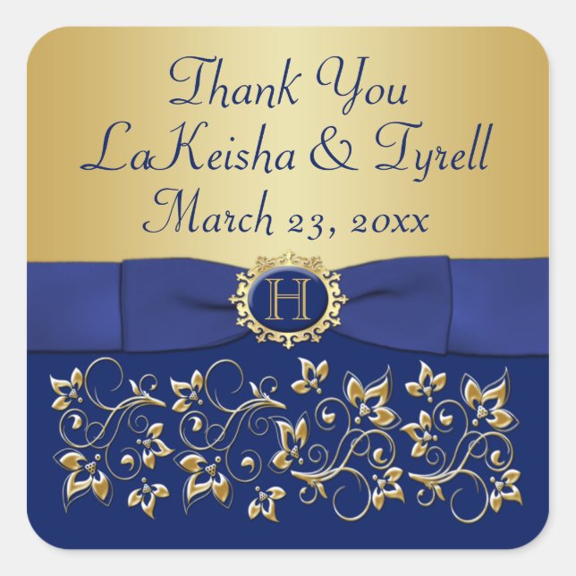 Aufkleber für Monogram Blue, Gold Floral Gastgesch (Vorderseite)