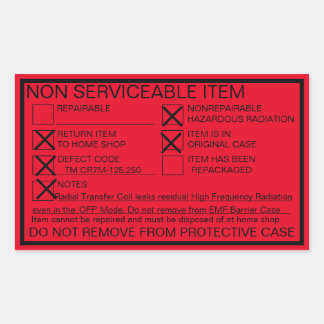Aufkleber für nicht reparierbare undichte Strahlun