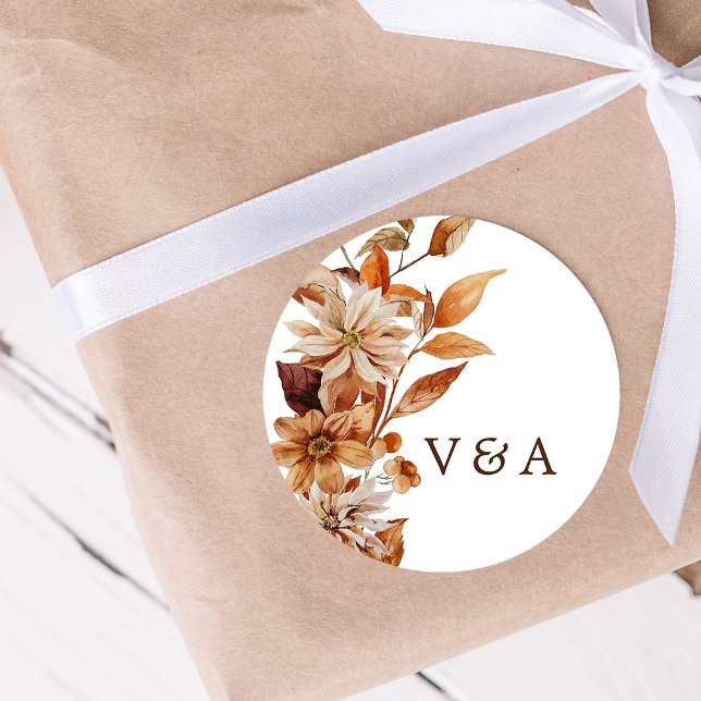 Aufkleber für rustikale Hochzeit im Herbst (Rustic Fall Watercolor Floral Wedding Sticker Monogrammed by Painted Paperie)